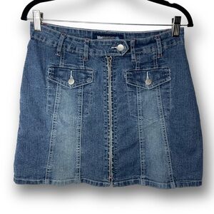 Vintage Y2K Blue Asphalt Juniors 7/8 Medium Wash Zip Front Denim Jean Mini Skirt